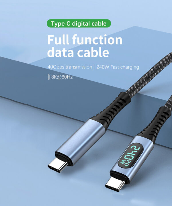 Kabel digital Jenis C dengan fungsi penuh, menawarkan penghantaran data 40Gbps dan pengecasan pantas 240W. Ia menyokong resolusi 8K@60Hz, dengan reka bentuk jalinan tahan lama dan penyambung aloi aluminium. 