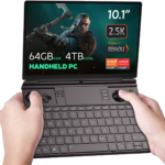 The GPD Win Max 2 (2024) is shown running The Witcher game on its display. The device features impressive specifications, including up to 64GB of RAM, up to 4TB SSD NVMe storage, and a Ryzen 7 8840U CPU, highlighting its capability to handle demanding games with ease.