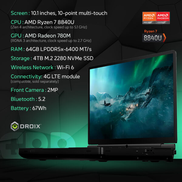 A GPD Win Max 2 (2024) egy nagy teljesítményű kézi játék-PC 10,1 hüvelykes, 10 pontos, multi-touch kijelzővel. Akár 64 GB RAM-mal, akár 4 TB SSD NVMe tárolóval és egy Ryzen 7 8840U CPU-val és AMD Radeon 780M GPU-val rendelkezik. A készülék támogatja a WiFi 6-ot, a 4G LTE modult a csatlakoztathatósághoz, valamint a Bluetooth 5.2-t, ami a fejlett hardver- és csatlakozási lehetőségeket mutatja be.  