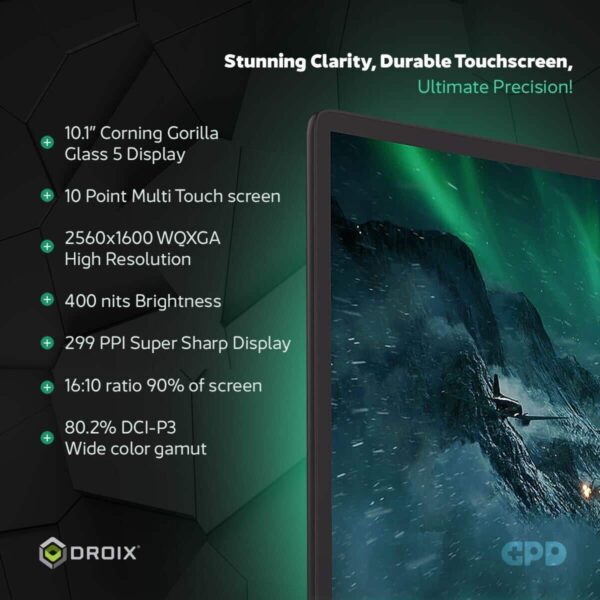 A GPD Win Max 2 (2024) lenyűgöző 10,1"-os Corning Gorilla Glass 5 kijelzővel rendelkezik, amely a legnagyobb pontosságot és tartósságot kínálja. A 10 pontos multi-touch képernyő nagy felbontású, 2560x1600 WQXGA felbontással büszkélkedhet, 400 nits fényerővel és 299 PPI szuper éles megjelenítéssel. A 16:10-es képarány magával ragadó látványt nyújt.  