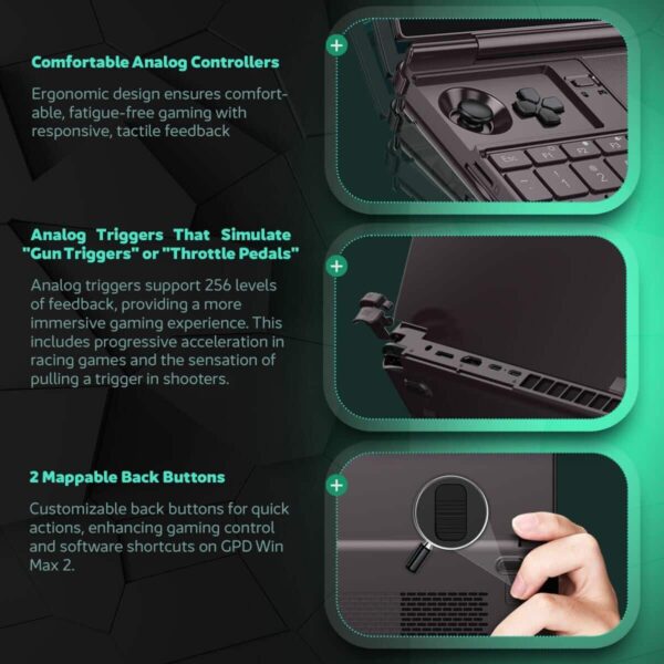 A GPD Win Max 2 (2024) ergonomikus használatra tervezett, kényelmes analóg vezérlőkkel rendelkezik. Az analóg ravaszok a fegyver ravaszát vagy a gázpedált szimulálják a valósághű játékélmény érdekében. Emellett az eszköz két hozzárendelhető hátsó gombot tartalmaz, ami testreszabható vezérlési lehetőségeket tesz lehetővé.  