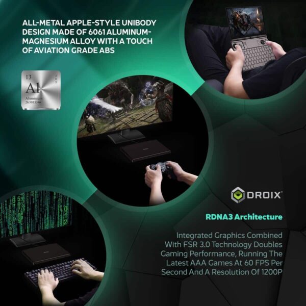 Közelkép a GPD Win Max 2-ről, amely bemutatja a 6061-es alumínium-magnézium ötvözetből készült, teljesen fém, Apple-stílusú unibody kialakítást, amelyet repülési minőségű ABS-akkordok egészítenek ki.