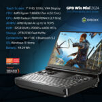 GPD WIN Mini 2024: Výkonný přenosný herní počítač se 7" dotykovou obrazovkou FHD 120Hz VRR. Nabízí procesor AMD Ryzen 7 8840U, grafický procesor Radeon 780M, 32 GB RAM, 2TB úložiště NVMe. Kompaktní konstrukce ve tvaru škeble s plnohodnotnou klávesnicí a herními ovládacími prvky. Všestranné možnosti připojení včetně Wi-Fi 6E a Bluetooth 5.2. Běží Windows 11 Home. Viditelná značka DROIX. Kompaktní provedení nabízí přenosnost a výkon pro hraní her a produktivitu na cestách.