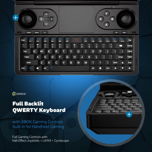 GPD WIN Mini 2024: Fuldt baggrundsbelyst QWERTY-tastatur med integreret XBOX-lignende spilkontrol. Med to analoge joysticks, D-pad, XYAB-knapper og skulderknapper. Kompakt layout med funktionstaster, touchpad og Windows-tast. Indsatsen viser et nærbillede af det ergonomiske nøgledesign. Fremhæver "Fuldt baggrundsbelyst QWERTY-tastatur" og "XBOX Gaming Controls indbygget til håndholdt spil". Inkluderer Hall Effect-joysticks, L4/R4-knapper og gyroskop for en bedre spiloplevelse.     