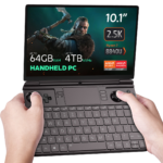 The GPD Win Max 2 (2024) is shown running The Witcher game on its display. The device features impressive specifications, including up to 64GB of RAM, up to 4TB SSD NVMe storage, and a Ryzen 7 8840U CPU, highlighting its capability to handle demanding games with ease.