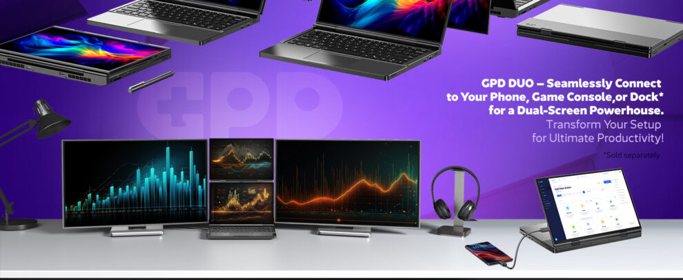 GPD DUO-A का एक प्रचार बैनर, जो इसकी बाहरी कनेक्टिविटी को दर्शाता है। लैपटॉप को एक मल्टी-मॉनिटर डेस्कटॉप सेटअप से जुड़ा दिखाया गया है जो जटिल डेटा चार्ट, एक जोड़ी हेडफ़ोन और एक स्मार्टफ़ोन प्रदर्शित करता है। शीर्षक है, "GPD DUO - एक डुअल-स्क्रीन पावरहाउस के लिए अपने फ़ोन, गेम कंसोल या डॉक* से सहजता से कनेक्ट करें।" पृष्ठभूमि बैंगनी रंग की है और सेटअप के ऊपर कई GPD DUO-A डिवाइस तैर रहे हैं।   