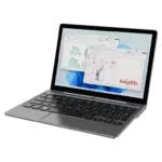 Small, portable laptop with a sleek design, featuring a compact keyboard and a screen displaying spreadsheets and a presentation. The device has a modern, metallic finish and a thin, lightweight form factor, ideal for on-the-go productivity