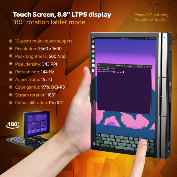 Hand-held GPD Pocket 4 showcasing its 8.8-inch LTPS touchscreen display with 180° rotation for tablet mode. Key features include 2560x1600 resolution, 343 PPI pixel density, 500 nits brightness, 144Hz refresh rate, 16:10 aspect ratio, 97% DCI-P3 color gamut, and Pro ICC color calibration for precise visuals.