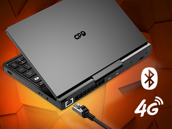 Μια οπίσθια όψη του GPD Pocket 4 που τονίζει τις επιλογές συνδεσιμότητας, όπως μια μονάδα 4G LTE, θύρα Ethernet, USB-C και Bluetooth, δίνοντας έμφαση στην απρόσκοπτη συνδεσιμότητα για όλα τα περιβάλλοντα.