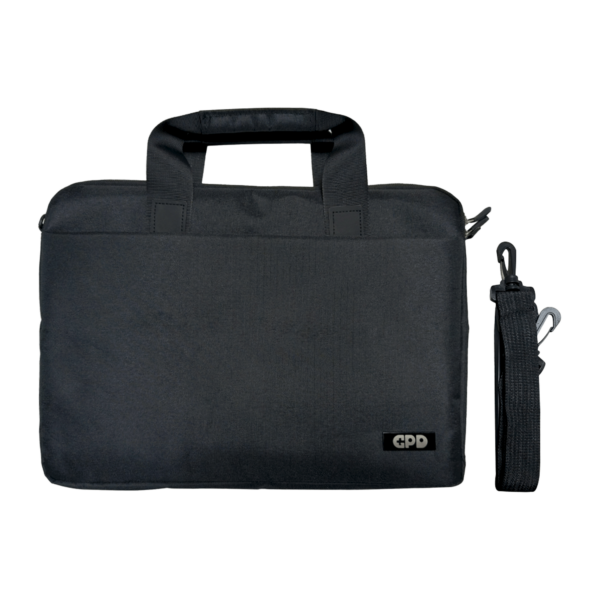 A black protective case with handles designed for the GPD Duo, featuring a sleek design and a detachable shoulder strap. The GPD logo is visible in the lower corner.