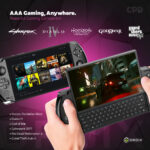 Το GPD WIN 4 (2025) προωθεί το παιχνίδι ΑΑΑ οπουδήποτε και αν βρίσκεται, και παρουσιάζεται να τρέχει παιχνίδια όπως Cyberpunk 2077, Diablo IV, God of War και GTA V. Μια εικόνα εμφανίζει τη βιβλιοθήκη του Steam, ενώ μια άλλη αποτυπώνει τα γραφικά μέσα στο παιχνίδι, τονίζοντας την ικανότητά του ως ισχυρού συντρόφου του gaming.