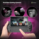 Το GPD WIN 4 (2025) παρουσιάζει τα Precision Gaming Controls, σχεδιασμένα για μια καθηλωτική και ευέλικτη εμπειρία παιχνιδιού. Τα κυριότερα σημεία αναφοράς περιλαμβάνουν: ALPS 3D Joysticks με υποστήριξη L3/R3 για ακριβές και ευέλικτο gameplay. Σκανδαλιστήρες L1/R1 με προσαρμόσιμο φωτισμό RGB για πρόσθετο στυλ και λειτουργικότητα. 2 προγραμματιζόμενα πίσω πλήκτρα με εργονομική γωνία 27 μοιρών για απρόσκοπτη πρόσβαση κατά τη διάρκεια έντονων περιόδων παιχνιδιού. Η εικόνα τονίζει επίσης το συρόμενο πληκτρολόγιο QWERTY, ιδανικό για συνομιλίες και multitasking στο παιχνίδι, σε συνδυασμό με μια ζωντανή οθόνη που δείχνει το Assassin's Creed Valhalla και μια ολοκληρωμένη βιβλιοθήκη παιχνιδιών. Το σλόγκαν ενισχύει τις προηγμένες επιλογές ελέγχου, καθιστώντας τη συσκευή έναν ιδανικό φορητό σύντροφο gaming.