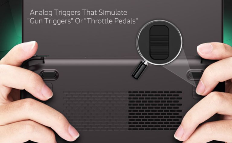 An image of the GPD Win Max 2 (2025) gaming laptop, focusing on its analog triggers. The close-up view shows the ergonomic triggers on the device, designed to provide precise control and sensitivity for gaming, enhancing the overall gameplay experience