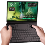 "Image of the GPD Win Max 2 2025 handheld PC featuring a 10.1-inch 2.5K touchscreen display. Key specifications include AMD Ryzen AI Pro 9 HX CPU, AMD Radeon Graphics, 64GB RAM, and 4TB M.2 SSD storage. The display shows a futuristic gaming scene with a sci-fi theme, emphasizing its advanced performance and immersive experience."