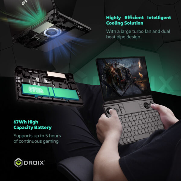 Infographic showcasing the GPD Win Max 2 2025’s efficient cooling system with a large turbo fan and dual heat pipe design. Includes details on its 67Wh high-capacity battery, supporting up to 5 hours of continuous gaming.