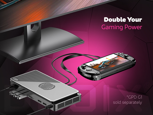 Προώθηση της GPD G1 eGPU για να διπλασιάσετε την ισχύ του παιχνιδιού σας. Η ρύθμιση αναδεικνύει τη συνδεσιμότητα για βελτιωμένη απόδοση όταν είναι συνδεδεμένη, επιτρέποντας απρόσκοπτο επιτραπέζιο παιχνίδι.