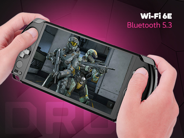 Το GPD WIN 4 (2025) τονίζει το Wi-Fi 6E και το Bluetooth 5.3 για ασύρματη συνδεσιμότητα επόμενης γενιάς. Η εικόνα δείχνει οπτική απεικόνιση παιχνιδιών υψηλής απόδοσης στον συμπαγή παράγοντα μορφής φορητής συσκευής.