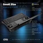 „Infografika zobrazující GPD Win Mini 2025 s komplexním rozložením portů, včetně USB4 typu C, plnohodnotného USB typu C, USB-A, slotu na karty microSD, kombinovaného audio konektoru a programovatelných makro kláves. Vyzdvihuje rozměry 6,77 × 4,29 × 1,06 palce (17,2 × 10,9 × 2,7 cm) a lehkou konstrukci s hmotností 555 g (1,22 kg).“