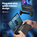 „Infografika představující rychloupínací konstrukci GPD Win Mini 2025 plug-and-play pro snadné nasazení a odpojení rukojeti. Zdůrazňuje vylepšenou ergonomii pro pohodlné hraní her, přičemž gripy se prodávají samostatně.“