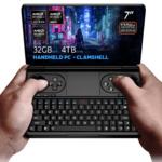 Hands holding the GPD Win Mini 2025, a clamshell handheld PC with a 7-inch 120Hz VRR display, powered by AMD Ryzen AI 9 HX 365/370 or Ryzen 7 8840U processors. Featuring up to 64GB RAM and 4TB NVMe storage, it is optimized for gaming and productivity with Hall Effect joysticks, a full QWERTY keyboard, and stunning cyberpunk-themed visuals on the screen.