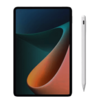 Tablet with a black frame and a vibrant screen displaying an abstract gradient design in green, blue, and orange hues, accompanied by a white capacitive stylus with a smooth, minimalist design.