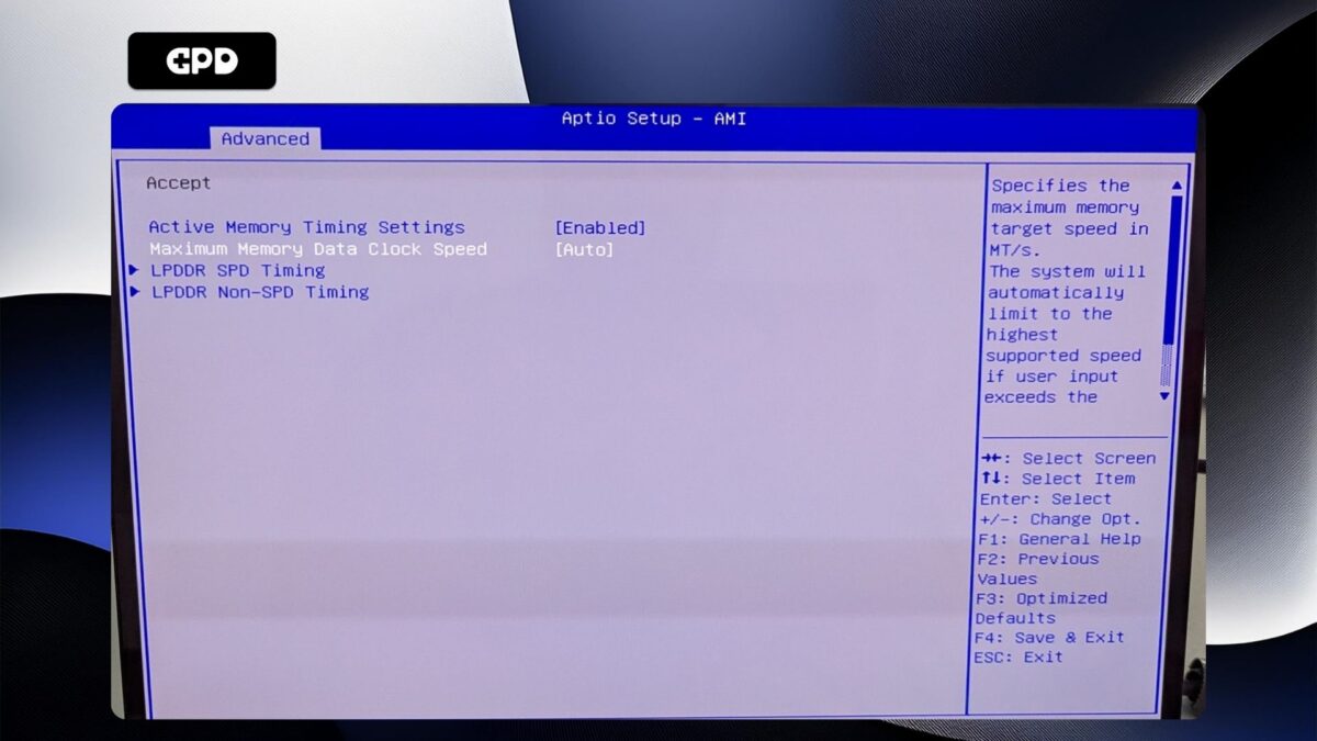GPD Duo - Impostazioni di temporizzazione della memoria attiva attivate