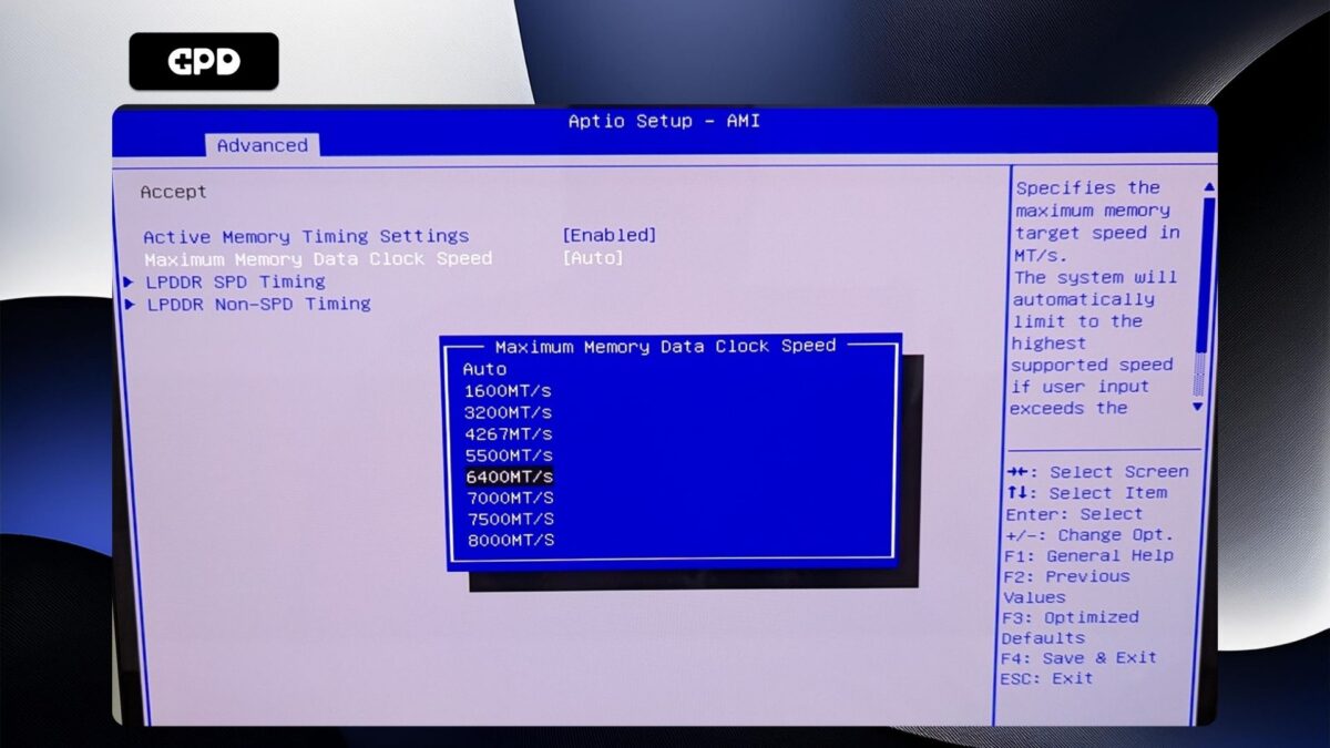 GPD Duo - Regolazione della velocità massima di clock dei dati di memoria