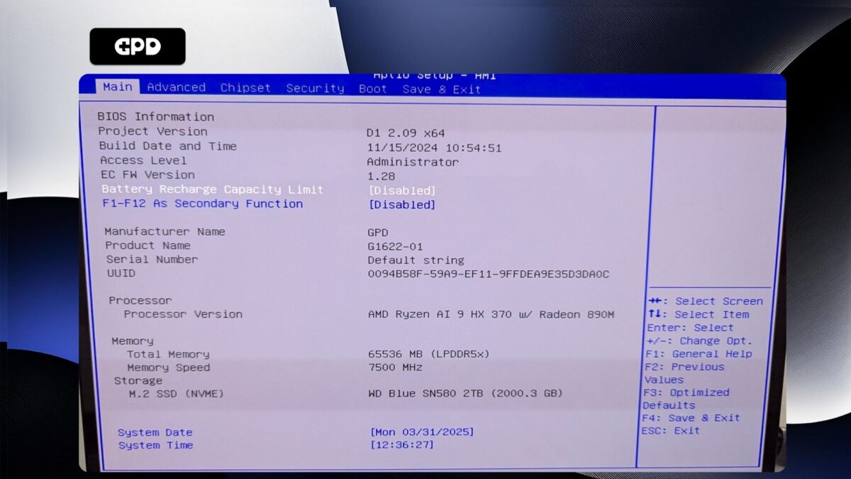 GPD Duo - BIOS principale