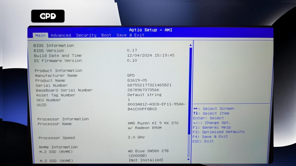 GPD WIN MAX 2 2025 - BIOS principale