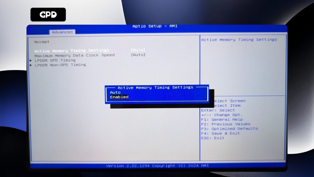 GPD WIN Mini 2025 - Impostazioni di temporizzazione della memoria attiva attivate