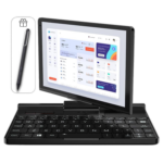 A black GPD Pocket 3 mini laptop is shown in a two-in-one configuration, with its touchscreen rotated and angled above the keyboard. The screen displays a dashboard interface with various charts and data. To the left of the laptop, a small graphic of a gift box is shown, next to a black stylus pen, indicating that it is an included accessory. The background is a light grey.