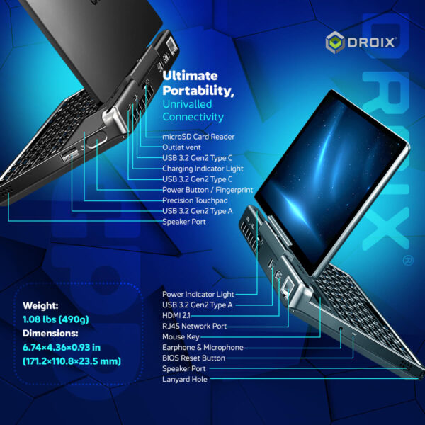 GPD माइक्रोपीसी 2 का एक इन्फोग्राफ़िक, जो विस्तृत पोर्ट और कंट्रोल लेबल के साथ इसकी "बेहतरीन पोर्टेबिलिटी, बेजोड़ कनेक्टिविटी" को दर्शाता है। इस चित्र में दो डिवाइस को नीले षट्कोणीय पृष्ठभूमि पर अलग-अलग कोणों से दिखाया गया है। नीली रेखाएँ पोर्ट और कंट्रोल से उनके संबंधित लेबल, जैसे "पावर बटन / फ़िंगरप्रिंट", "RJ45 नेटवर्क पोर्ट" और "HDMI 2.1" की ओर इशारा करती हैं। नीचे बाईं ओर डिवाइस का वज़न "1.08 पाउंड (490 ग्राम)" और उसके आयाम लिखे हैं।   