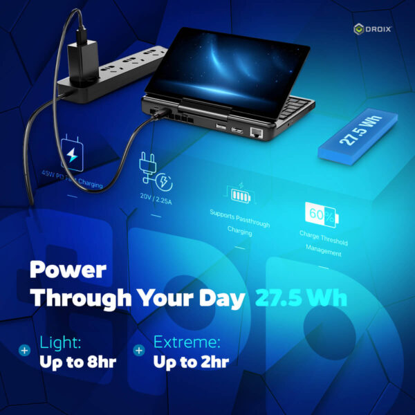 "जीपीडी माइक्रोपीसी 2" की एक प्रचार छवि, जिसमें इसके "2 इन 1 योगा अल्ट्राबुक" डिज़ाइन और स्पेसिफिकेशन दिखाए गए हैं। एक जीपीडी माइक्रोपीसी 2 लैपटॉप मोड में एक कोण पर खुला हुआ दिखाया गया है, जिसकी स्क्रीन पर डेटा-संचालित डैशबोर्ड है। छवि के बाईं ओर इसके मुख्य स्पेसिफिकेशन सूचीबद्ध हैं: स्टोरेज, टच स्क्रीन, सीपीयू, जीपीयू, रैम, ऑपरेटिंग सिस्टम, वायरलेस कनेक्शन और बैटरी। "इंटेल प्रोसेसर" और "विंडोज 11 प्रो" के लोगो निचले बाएँ कोने में हैं। "DROIX" लोगो ऊपर दाईं ओर है।    