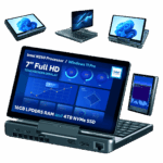 An infographic showcasing the versatile display modes of the GPD MicroPC 2. A central image shows the device open in laptop mode, with a detailed dashboard on its screen. Around it, smaller versions of the device are shown in different orientations: in tablet mode, inverted V-shape, and portrait mode. Bullet points at the bottom highlight key features like the processor, screen size, and storage capacity. The background is a solid dark green.