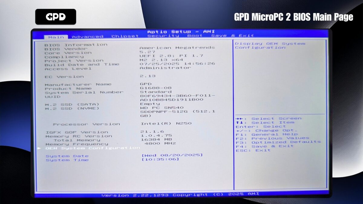 Page principale du BIOS du GPD MicroPC 2