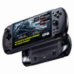 A dynamic shot of two black GPD WIN 5 handheld gaming consoles on a black background. The top device is angled to show its screen, which displays a first-person shooter game and features prominent overlays: 7" screen, AMD Ryzen AI Max, AMD Radeon 8060S graphics, 64GB RAM, and 4TB NVMe SSD. The bottom device is flipped over, showing its ergonomic grips and ventilation grilles.