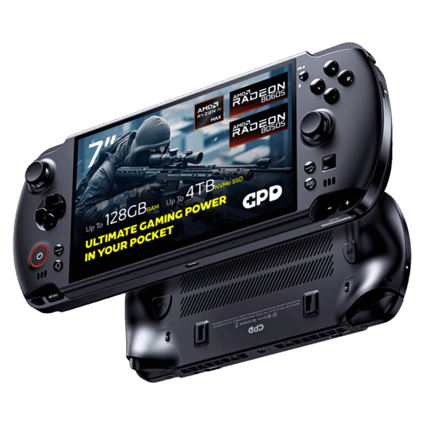 A dynamic shot of two black GPD WIN 5 handheld gaming consoles on a black background. The top device is angled to show its screen, which displays a first-person shooter game and features prominent overlays: 7" screen, AMD Ryzen AI Max, AMD Radeon 8060S graphics, 64GB RAM, and 4TB NVMe SSD. The bottom device is flipped over, showing its ergonomic grips and ventilation grilles.