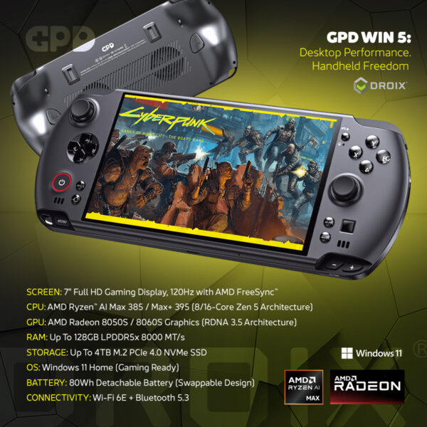 A dynamic infographic showcasing the black GPD WIN 5 handheld gaming console. The device is angled with its screen displaying the title screen for the game Cyberpunk 2077: Gangs of Night City - The Board Game. The back of another GPD WIN 5 is visible in the background. The title reads, "GPD WIN 5: Desktop Performance. Handheld Freedom." Below the console, a detailed list of maximum specifications is provided: 7" Full HD Gaming Display, AMD Ryzen™ AI Max 385 / Max+ 395 CPU, Up To 128GB LPDDR5x RAM, Up To 4TB M.2 PCIe 4.0 NVMe SSD, and an 80Wh Detachable Battery. The Windows 11 logo and AMD Ryzen AI Max and AMD Radeon 8050S logos are also displayed.