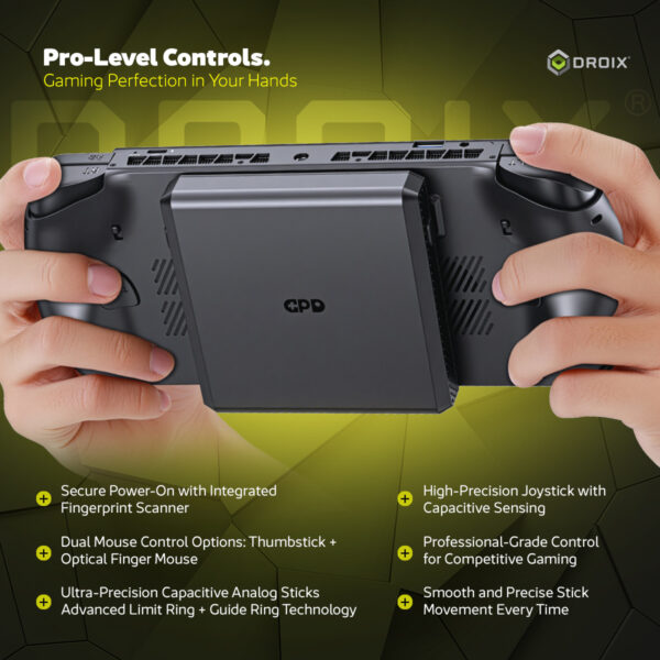 An infographic showcasing the Pro-Level Controls of the GPD WIN 5. Two hands are holding the device from the back, where a detachable plate for a mouse/trackpad module is shown. The text highlights features such as Secure Power-On with Integrated Fingerprint Scanner, Ultra-Precision Capacitive Analog Sticks, and Professional-Grade Control for Competitive Gaming.