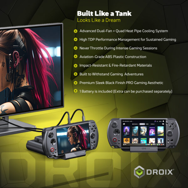 An infographic focusing on the durability and cooling of the GPD WIN 5, titled "Built Like a Tank Looks Like a Dream." The device is shown on a stand, connected to an external monitor that displays an anime-style character. The text lists features like Advanced Dual-Fan + Quad Heat Pipe Cooling System, High TDP Performance Management, Aviation-Grade ABS Plastic Construction, and confirms that 1 Battery is included (with extras available separately).