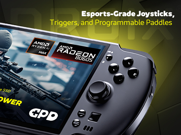 GPD-WIN-5-INFOGRAPHIC-EBC-MOBILE-395-05 - GPD | PC Gaming Handhelds & Mini Laptops A close-up angled shot of the right side of the GPD WIN 5 handheld gaming console. The screen displays a first-person shooter game with a prominent overlay of the AMD Ryzen AI Max and AMD Radeon 8050S logos. The text at the top reads, "Esports-Grade Joysticks, Triggers, and Programmable Paddles."