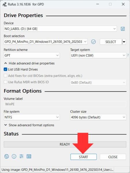 Click START to begin writing the ISO - GPD | PC Gaming Handhelds & Mini Laptops Click START to begin writing the ISO