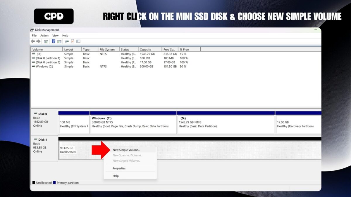 Right Click on the Mini SSD disk and choose New Simple Volume